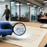 Modern ofis ortamında büyüteç ile yapılan profesyonel imza ve evrak sahteciliği analizi.