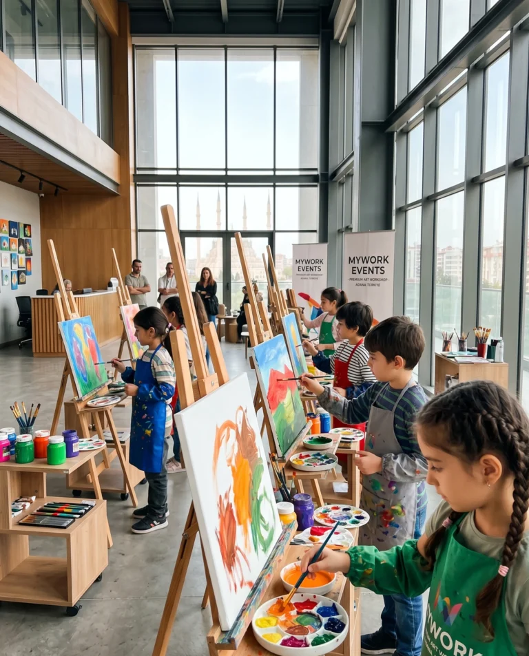 MyWork Adana etkinlik alanında profesyonel şövaleler ve boyalar eşliğinde gerçekleştirilen çocuk resim atölyesi.