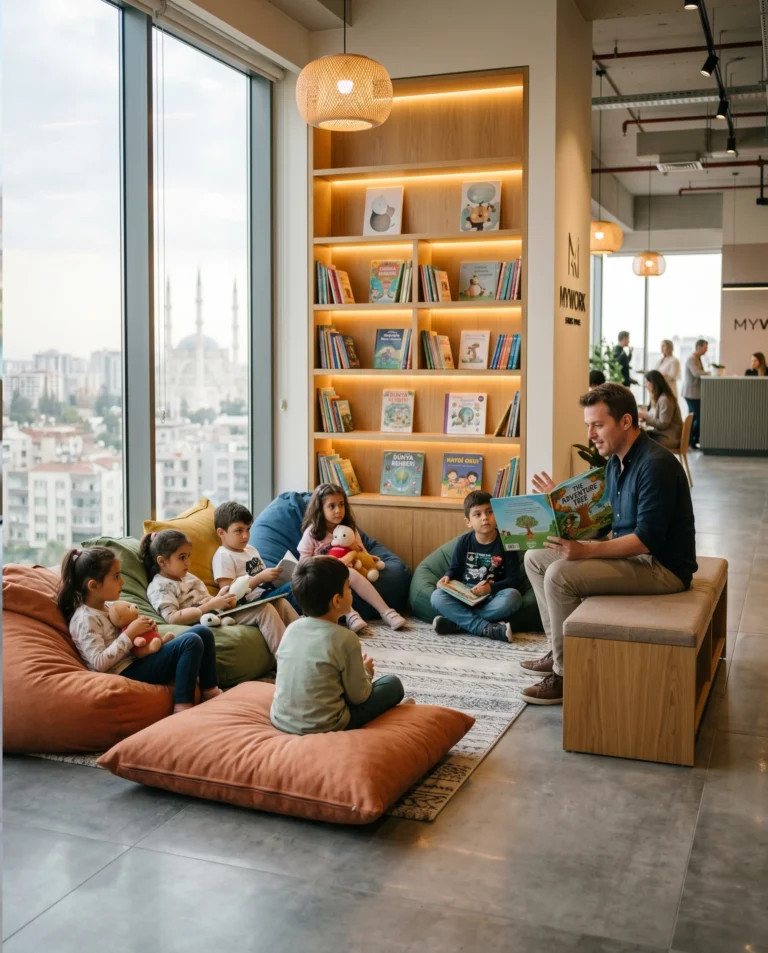 MyWork Adana ofisinde uzman masal anlatıcısı eşliğinde gerçekleştirilen çocuk kitap kulübü etkinliği.