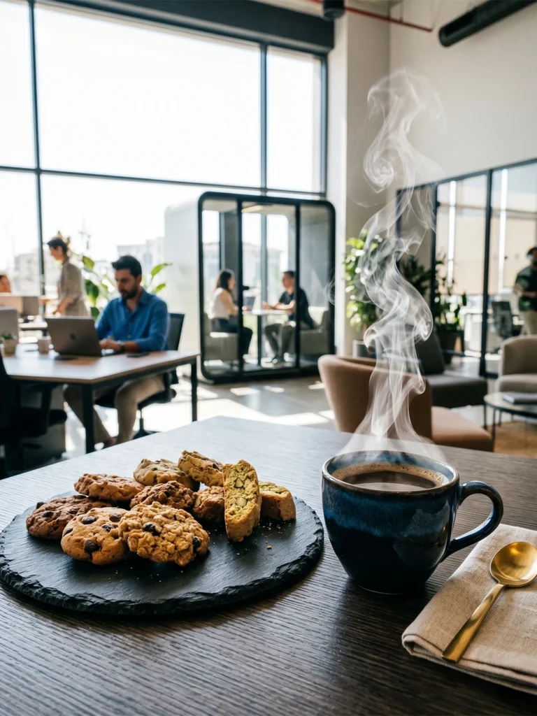 Kurumsal etkinlik için coffee break ikramı: taze kahve ve tatlı-tuzlu atıştırmalıklar – MyWork Events