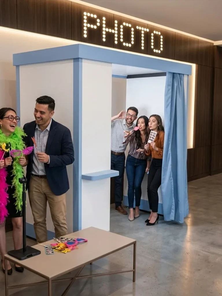 Şık ve modern bir iç mekanda, üzerinde LED ışıklı PHOTO yazısı bulunan pastel mavi fotoğraf kabini (photobooth) ve önünde eğlenen mutlu insanlar.